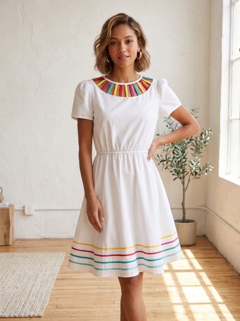 Chic White Dress with Rainbow Stripes vintage dress xs/s midi retro style circus
